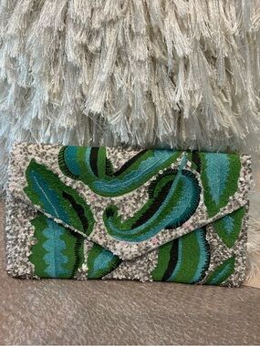 Embellished Green and Teal Beaded Envelope Clutch